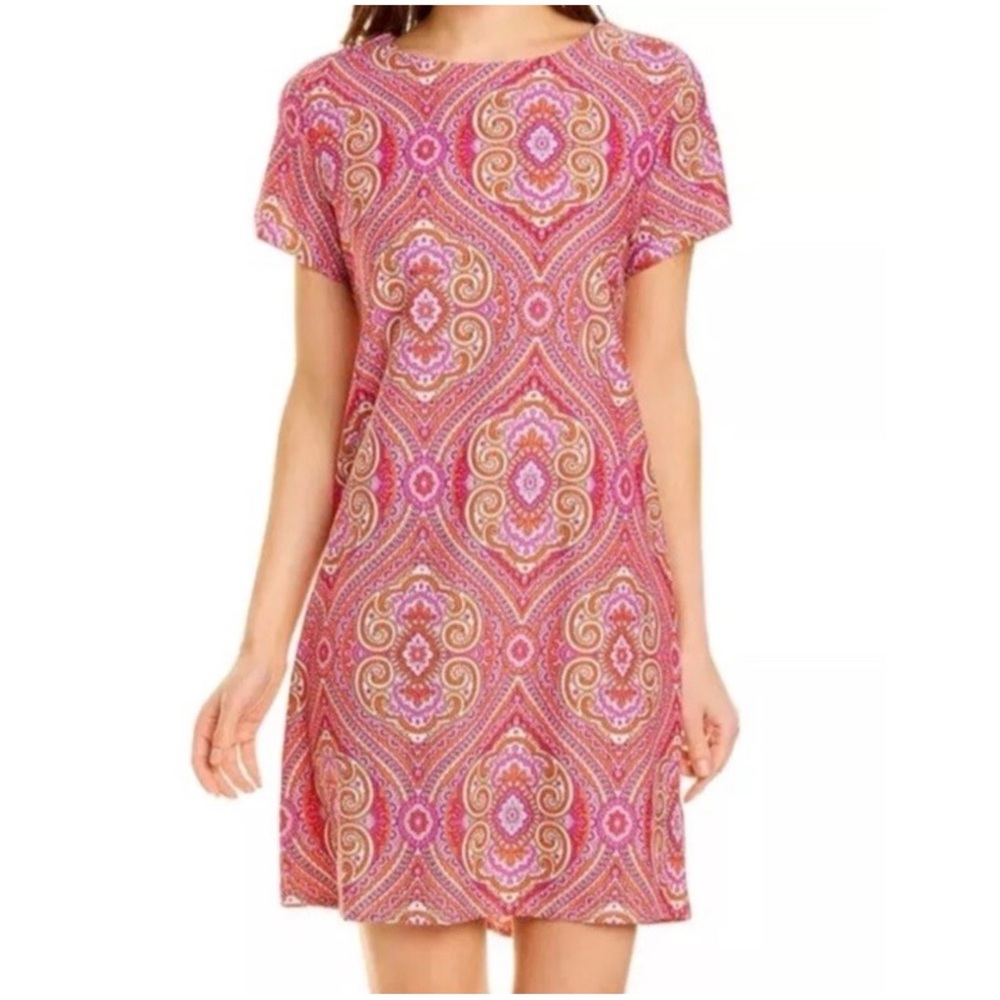 Jude Connally Women’s Sz S Pink Paisley Mini Dress Ella Stretch Short Sleeve